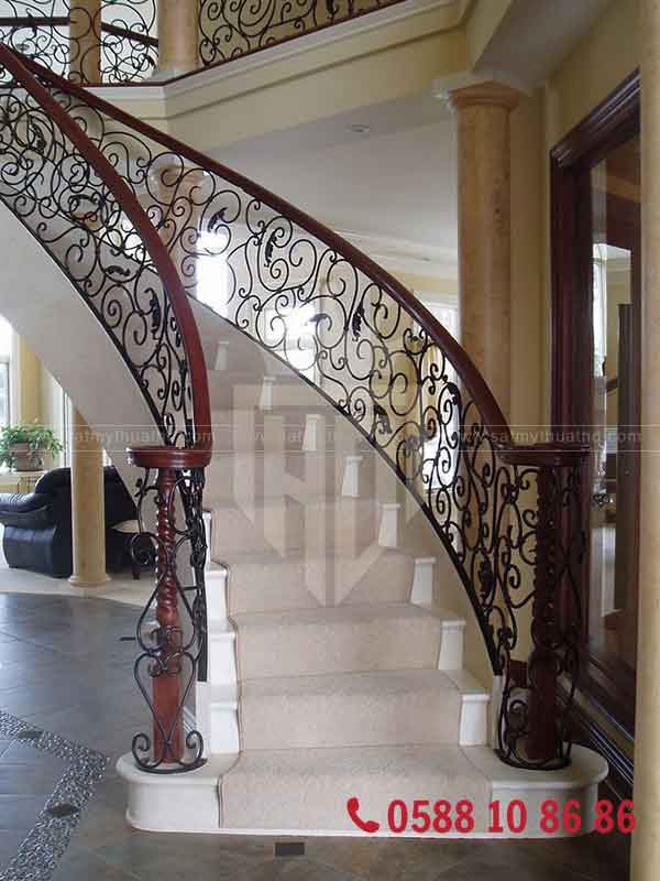 Mẫu cầu thang sắt tay vịn gỗ