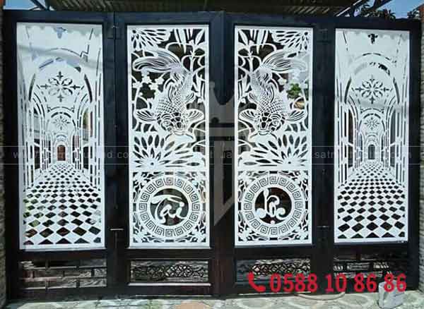 Mẫu cửa cổng CNC 4 cánh với họa tiết hiện đại, sơn tĩnh điện