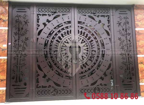 Cửa cổng CNC 4 cánh họa tiết trống đồng truyền thống