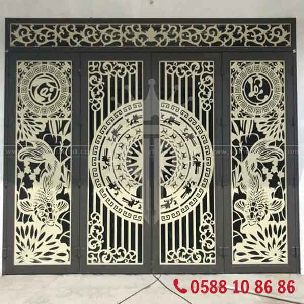 Cửa cổng CNC phong cách Á Đông, hoa văn trống đồng