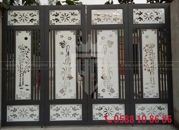 Cửa cổng sắt CNC 4 cánh họa tiết cây tre truyền thống