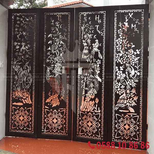 Cửa cổng sắt CNC 4 cánh họa tiết hoa lá tinh xảo