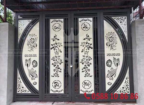 Cửa cổng sắt CNC 4 cánh họa tiết phong cảnh thiên nhiên