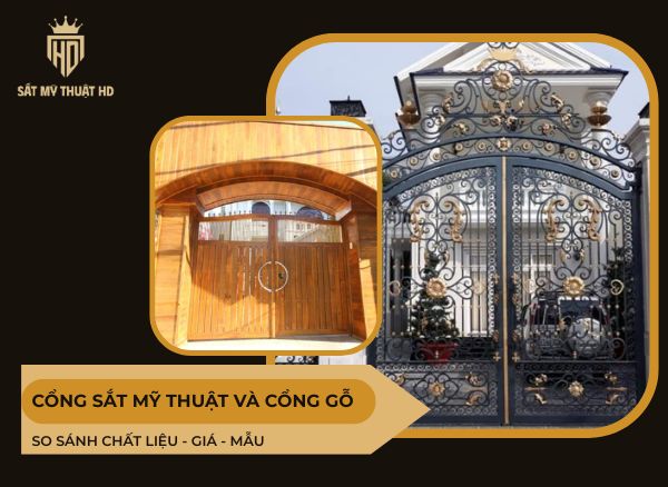cổng sắt mỹ thuật và cổng gỗ