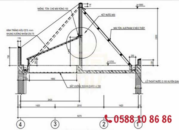 Bản vẽ mái kính cường lực chi tiết