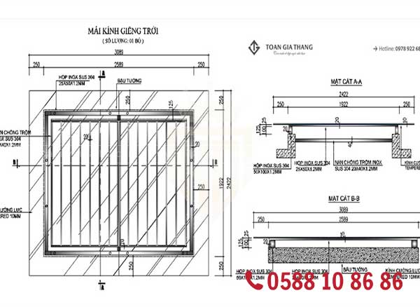 Chi tiết mái kính giếng trời cad nhà phố