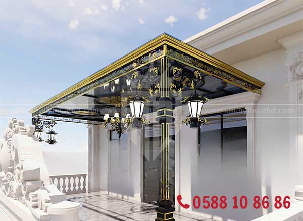 Mái kính ban công trang trí đèn lồng cho khu vưc sân vườn lãng mạn