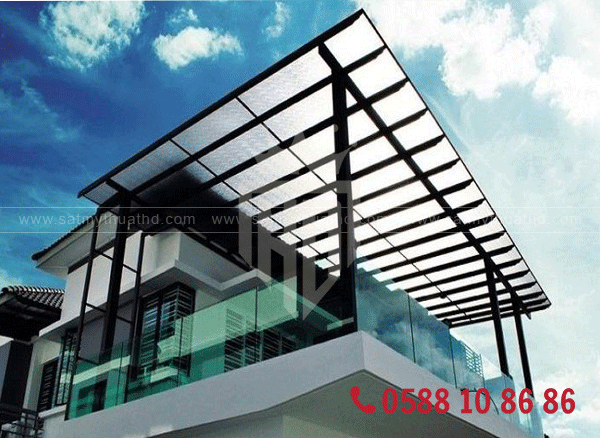 Mái che hiên kính cường lực màu xanh đen

