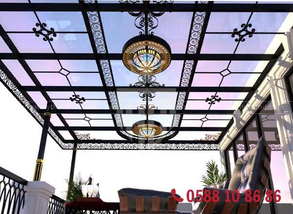 Mái kính sảnh cường lực màu xanh trà, giảm nhiệt, chống tia UV
